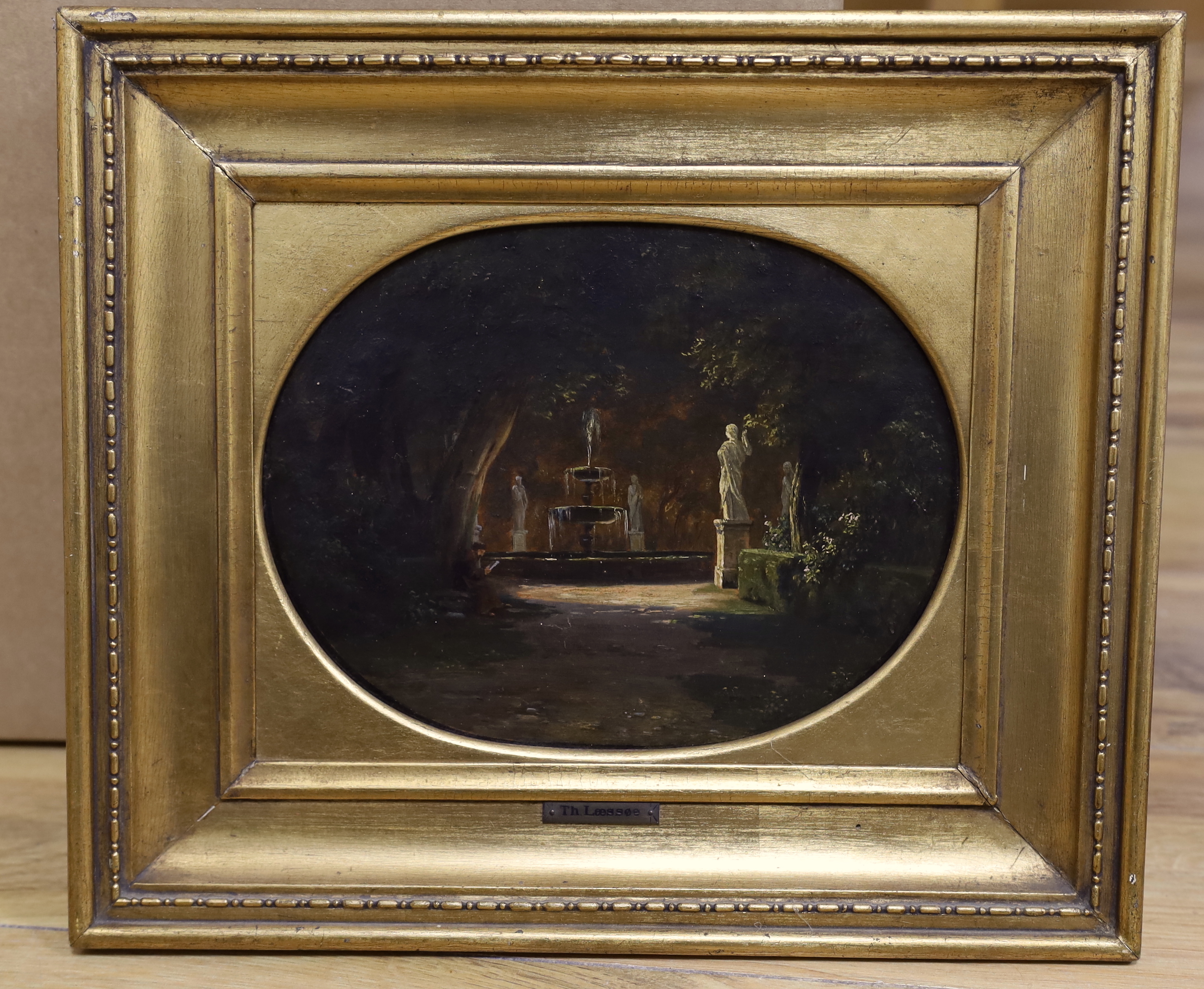 Thorald Læssøe (Danish, 1816-1878), oil on canvas, Classical statues and fountain, 23 x 17cm, oval gilt frame